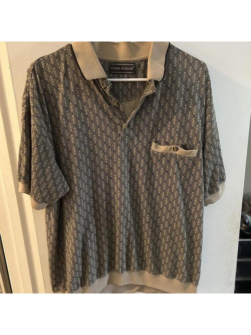David Taylor brown and beige diamond pattern polo shirt banded hem size 2XL